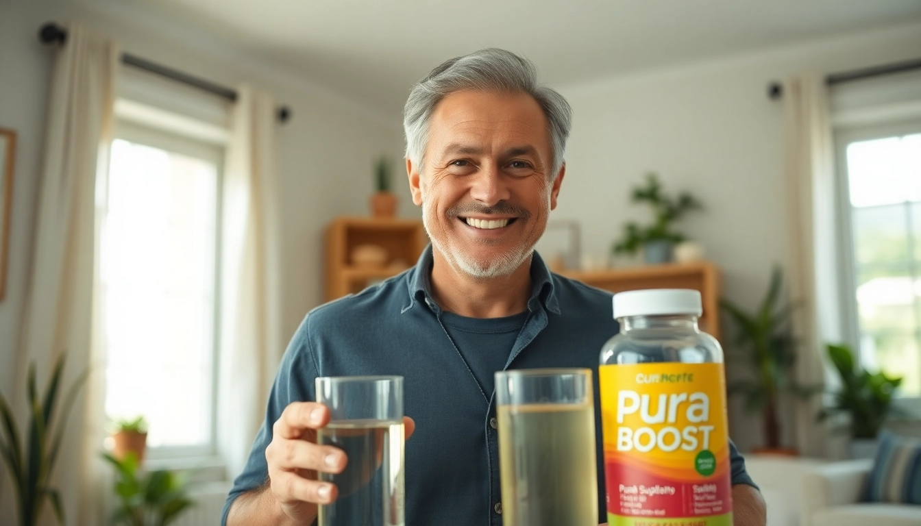 Energized man enjoying the benefits of Pura Boost in a vibrant, health-focused setting.
