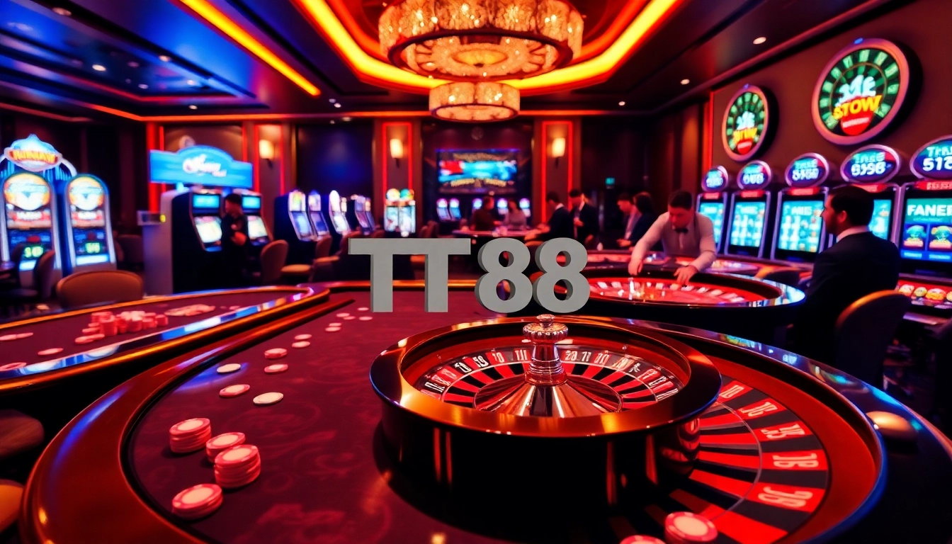 TT88 casino scene featuring poker chips and a spinning roulette wheel.