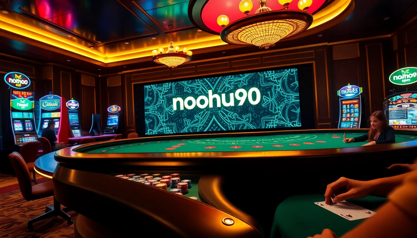 Nohu90 online casino featuring a dynamic poker table, vibrant slot machines, and excited players.
