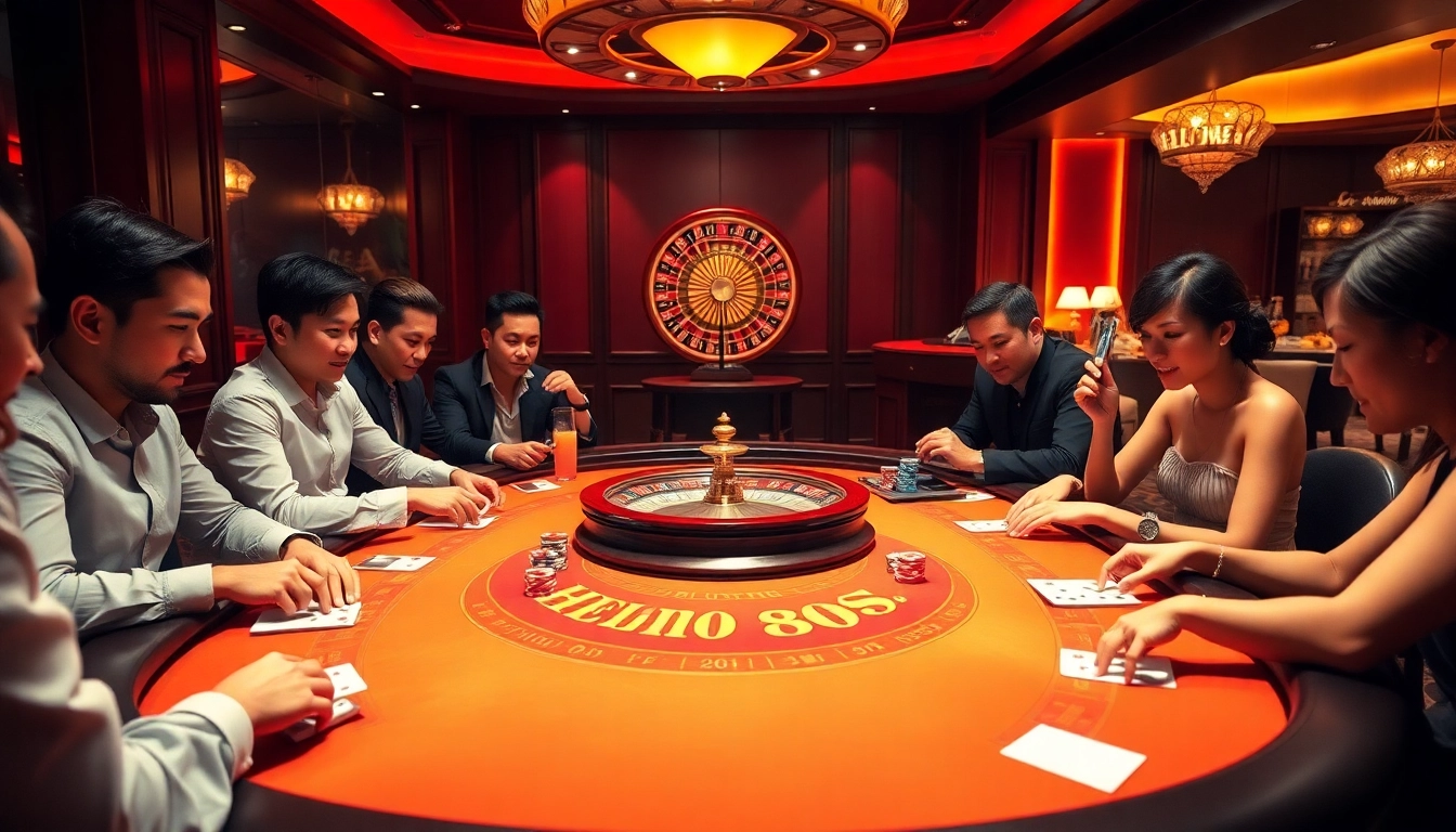 Players reveling at the Hello88-themed casino table, engaging in an exciting gambling match.