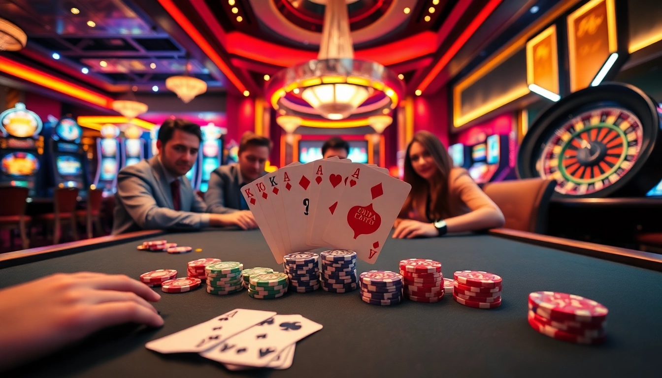 Tha bet players engaging intensely at a luxury poker table, colorful chips and cards in use.
