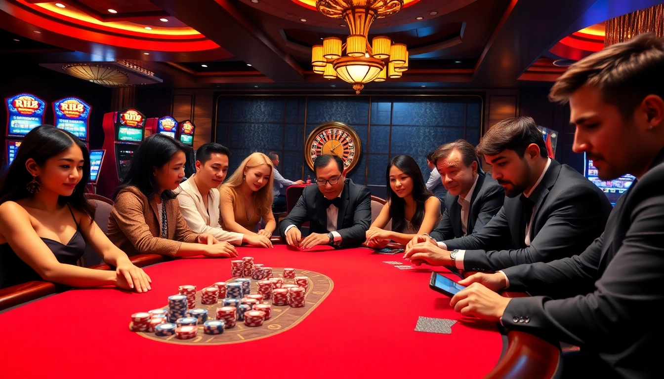 Gambling enthusiasts enjoying games at RR88 casino with poker chips and roulette wheel.