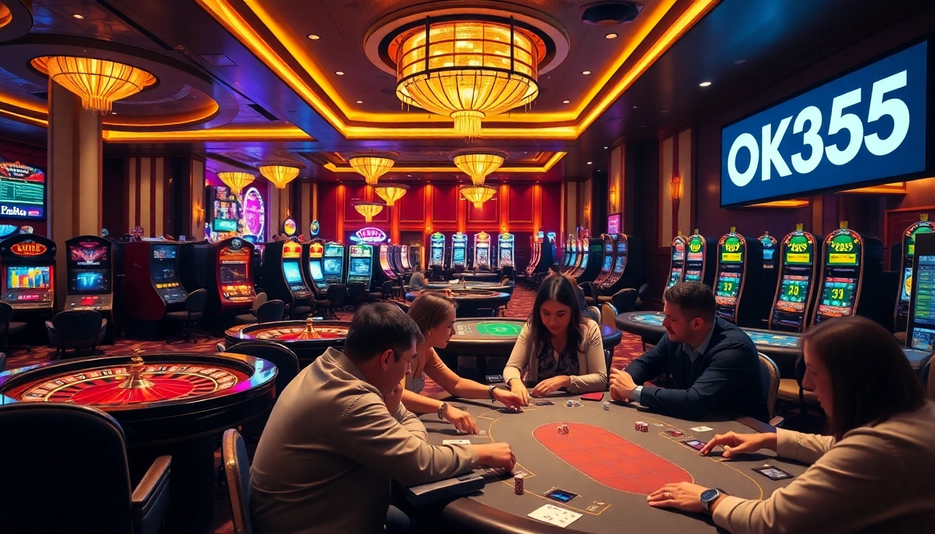 Players strategize at a poker table in a luxury casino, highlighting the OK365 link and vibrant gaming experience.