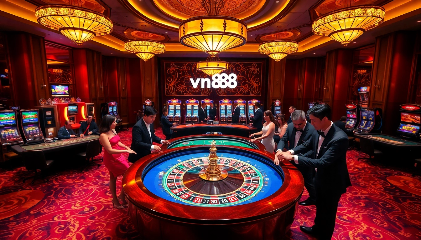 Experience the excitement of gambling at VN88 with vibrant casino tables and energetic players.