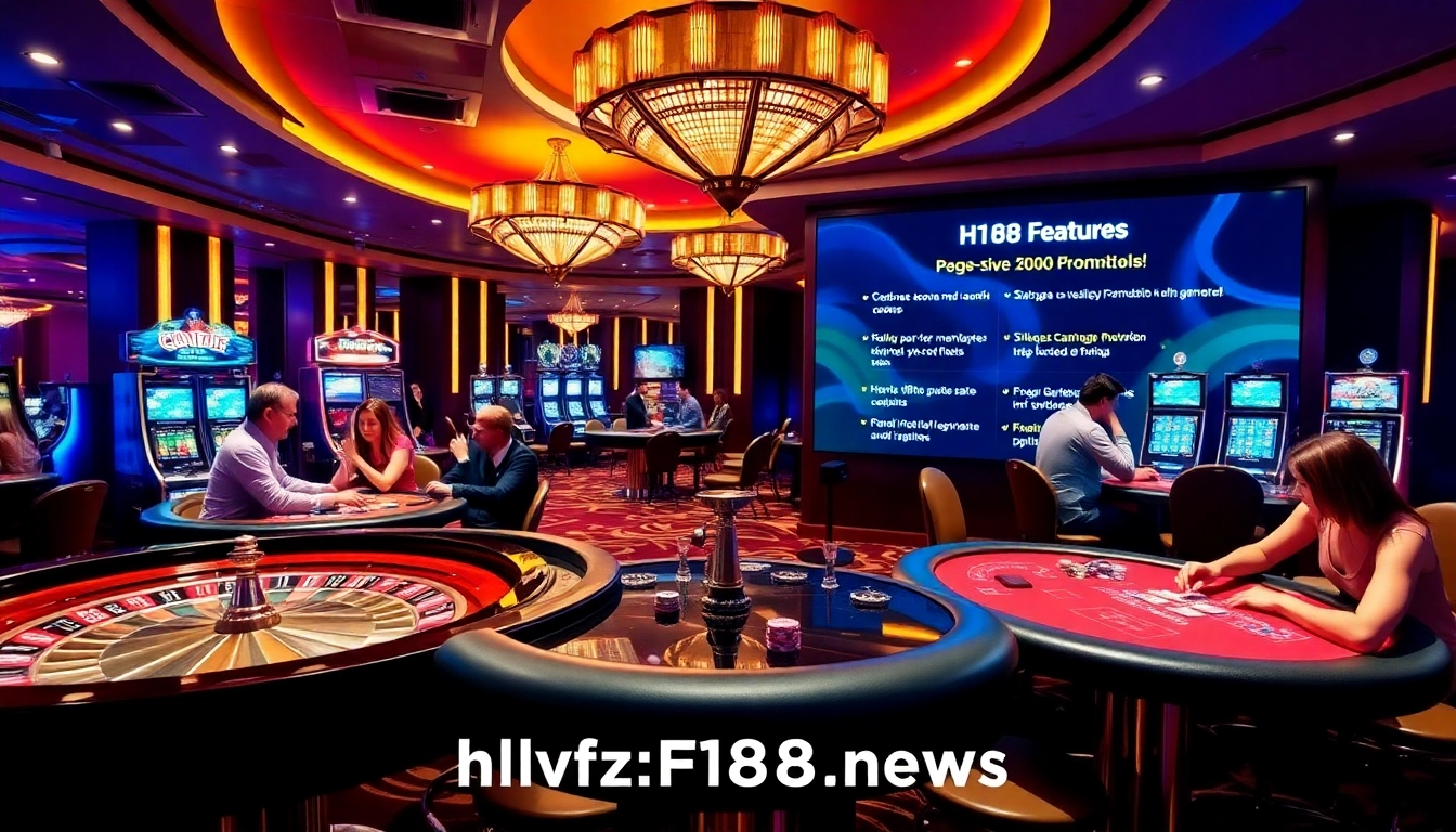 Players enjoying games at https://f168.news/ casino with chips and cards in a vibrant atmosphere.