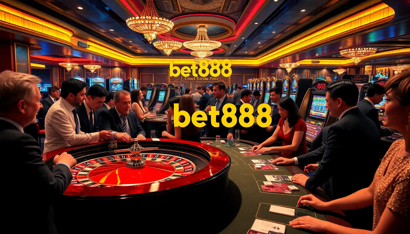 Experience the excitement of betting at bet888 in a luxurious casino with vibrant gaming action.