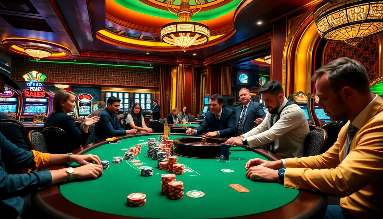 Players enjoying a thrilling poker game at KJC Casino with vibrant roulette and slot machines.