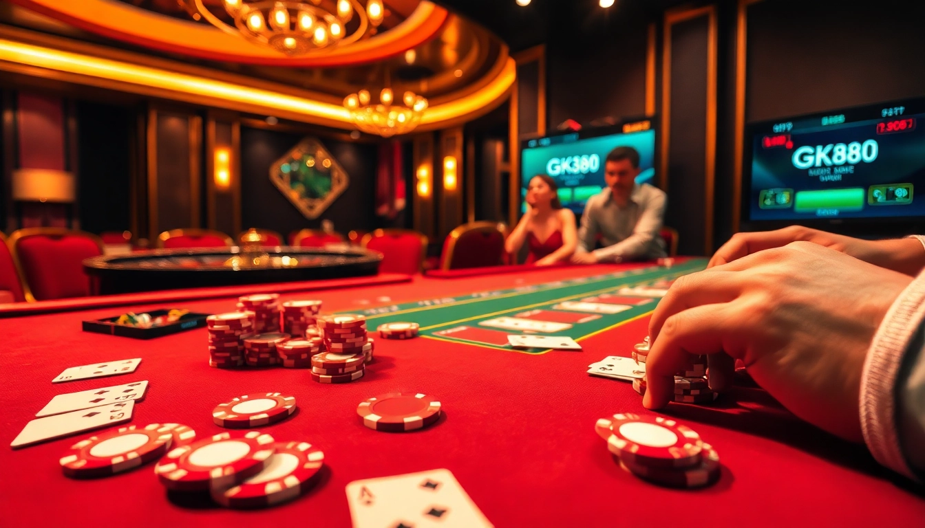 Experience the thrill of GK88 as players engage in high-stakes poker at a vibrant casino table.