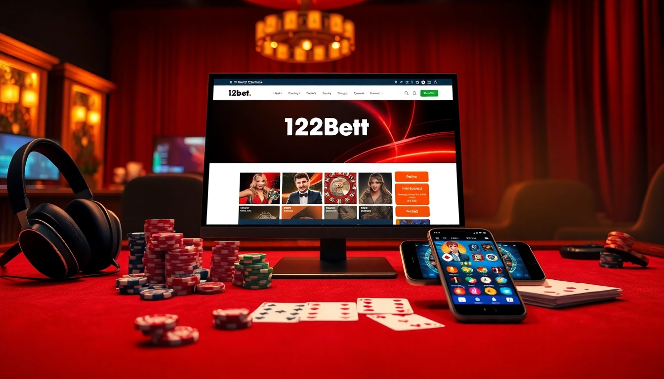 Experience 12bet with an elegant online gambling setup featuring poker chips and a roulette wheel.