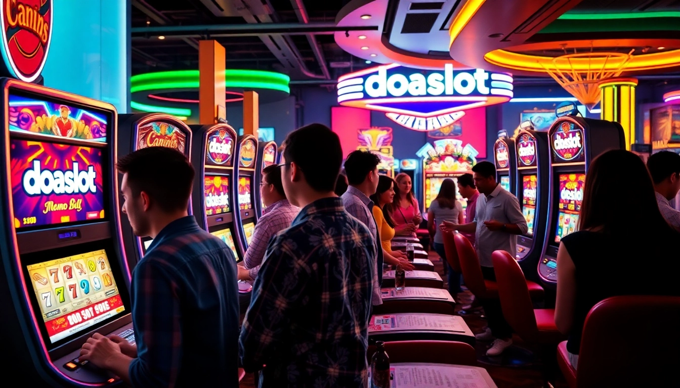 Exciting slot machine gaming scene featuring doaslot in bright lights and diverse players.