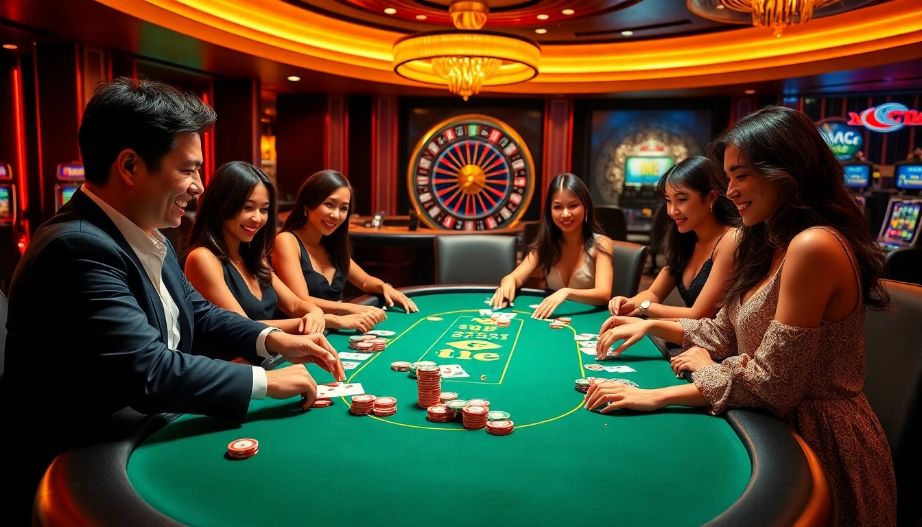 Kuwin đăng nhập as players strategize at a luxurious poker table in a vibrant casino environment.