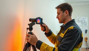 Water leak detection technician using thermal imaging technology to identify hidden leaks in a home.