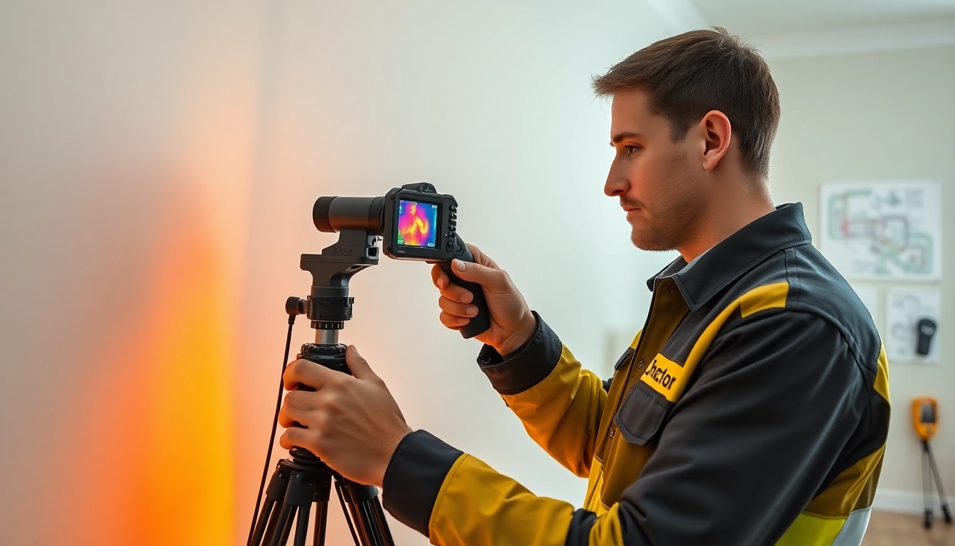 Water leak detection technician using thermal imaging technology to identify hidden leaks in a home.