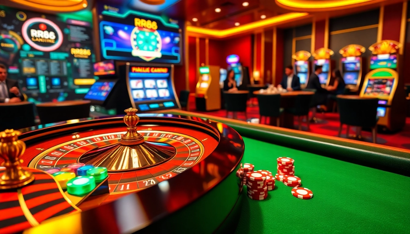 RR88 players enjoying a thrilling casino scene with roulette, poker chips, and slot machines.