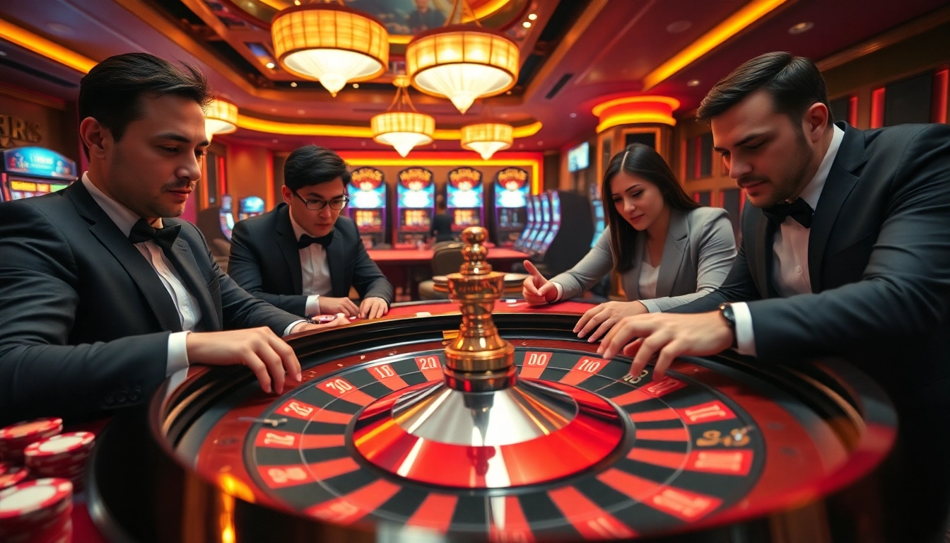 Exciting casino scene with a roulette wheel and gamblers emphasizing link 98win and high stakes.