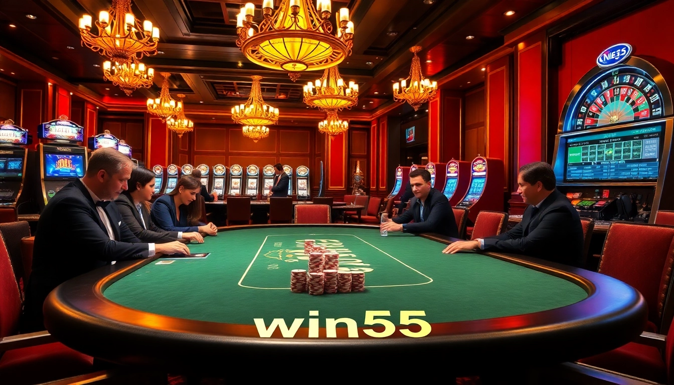 Win55 poker players strategizing at a luxury casino table with vibrant chips and excitement.