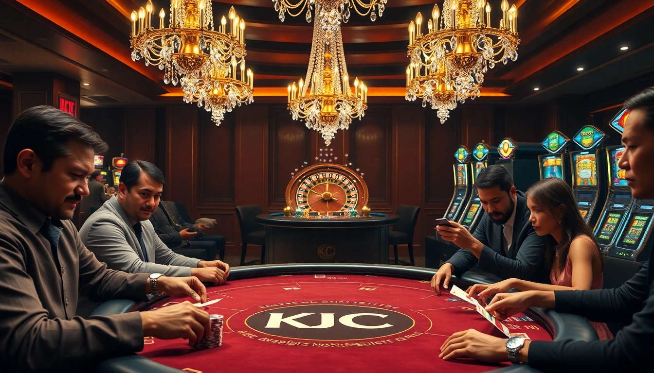 Immerse in the KJC poker experience with vibrant players, chips, and a glowing casino atmosphere.