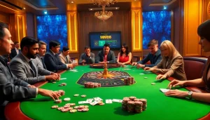 Players enjoying thrilling games at MM88's stylish casino table, showcasing vibrant poker chips and cards.