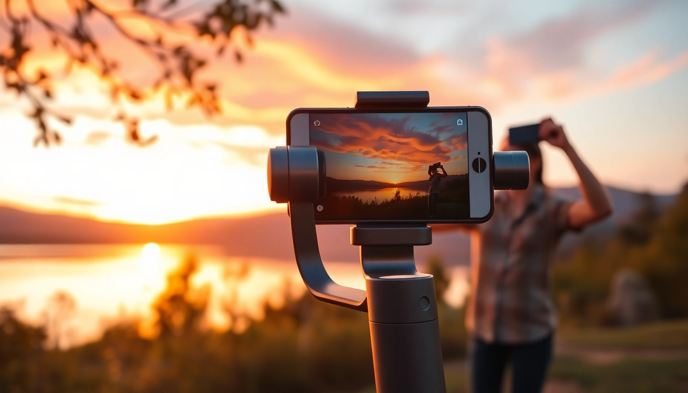 A phone gimbal stabilizer capturing vibrant landscapes at sunset, showcasing mobile videography.