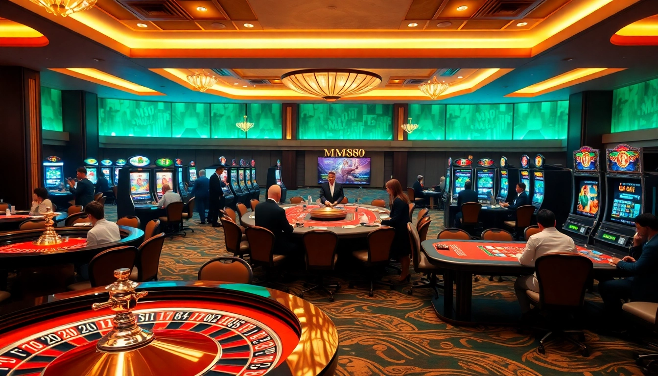 Experience the excitement of MM88 casino gaming with vibrant tables, players, and luxurious decor.