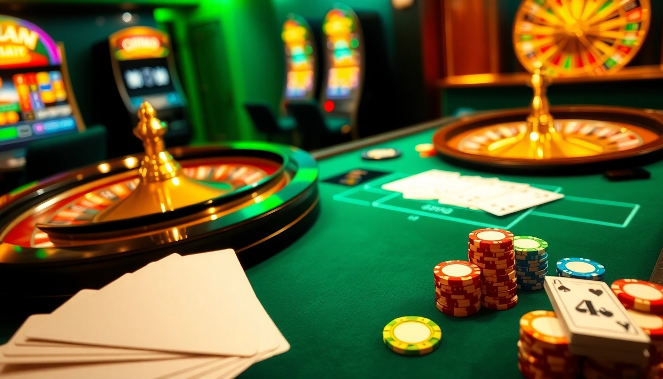 Experience the thrill of Link F168 at a vibrant casino setting with cards, roulette, and poker chips.