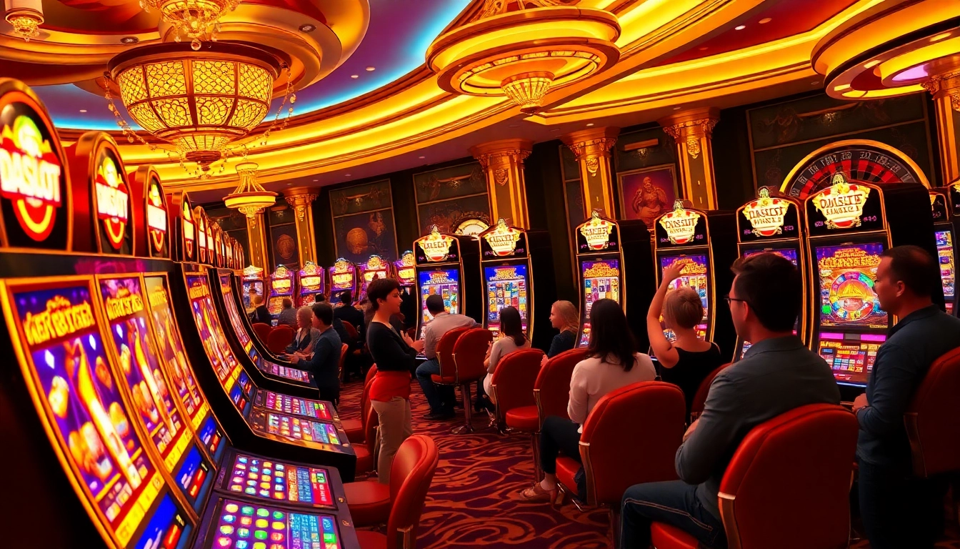 Players enjoying the doaslot slot machines in a lively casino atmosphere filled with excitement.