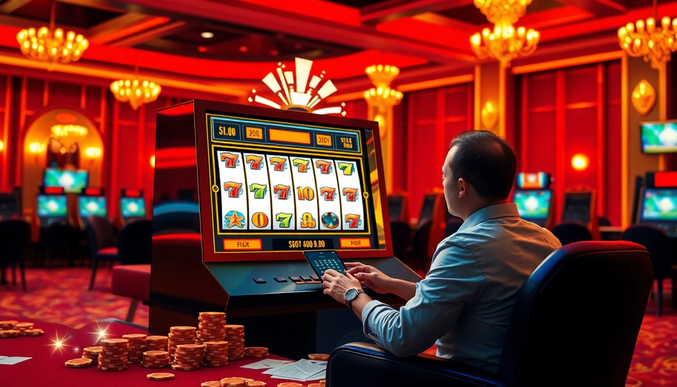 Experience the thrill of Slot Online games with captivating visuals of spinning reels and gambling excitement.