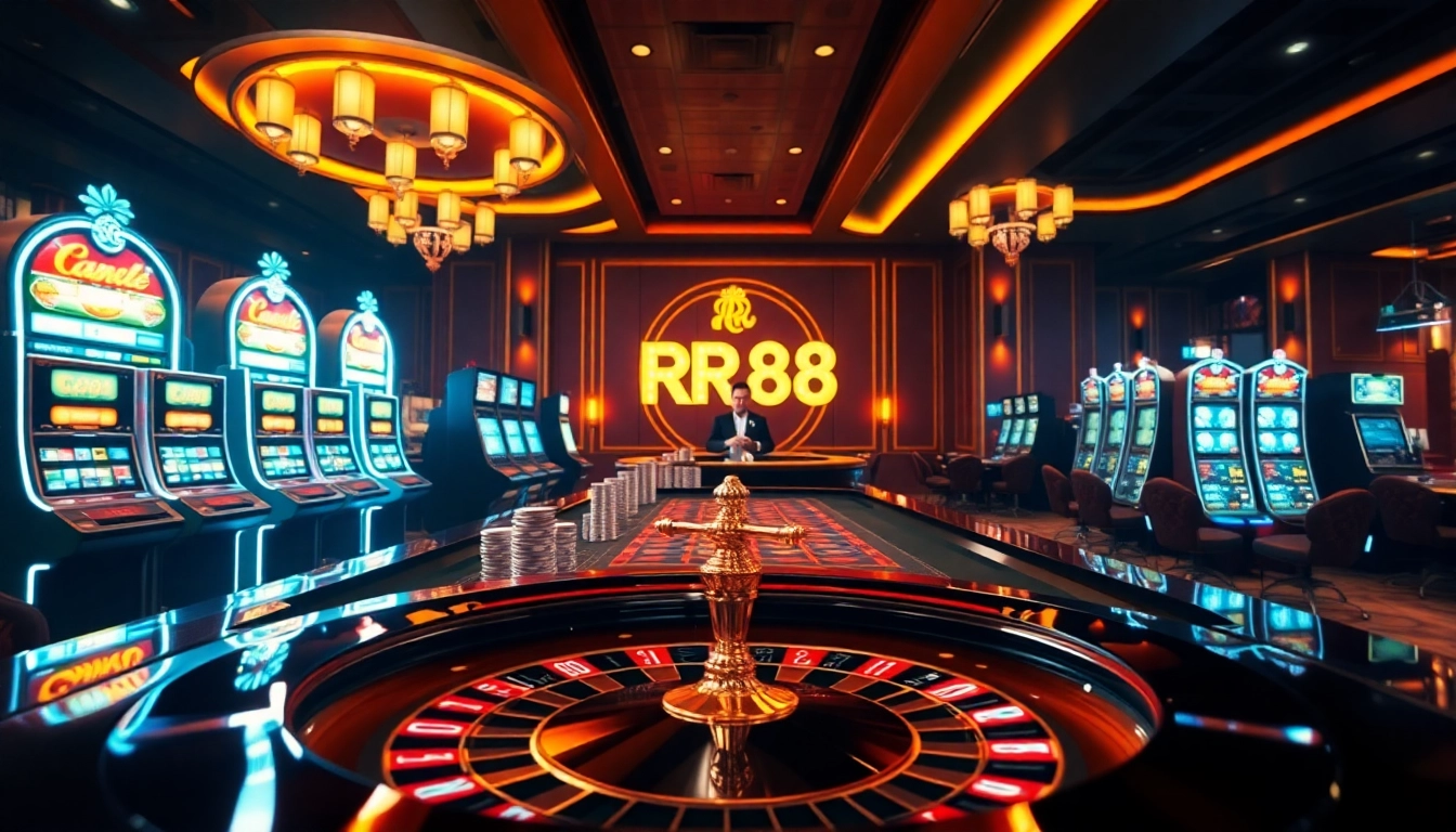 RR88 players engaging at a luxury casino table with roulette and slot machines.