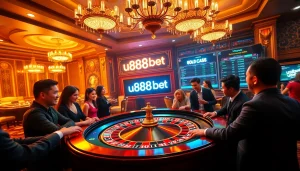 Gamblers placing bets at a luxurious roulette table with u888bet branding.