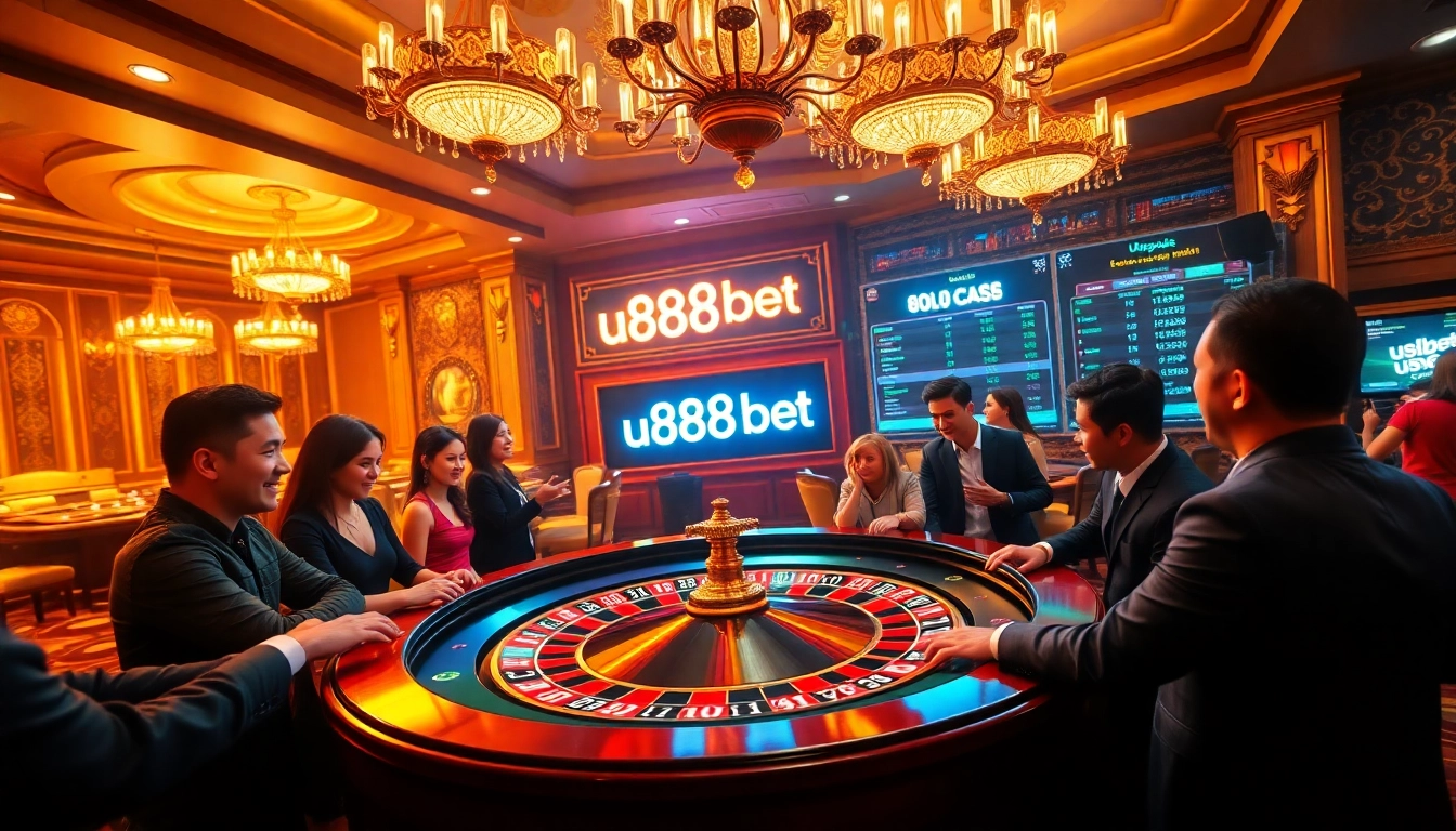 Gamblers placing bets at a luxurious roulette table with u888bet branding.