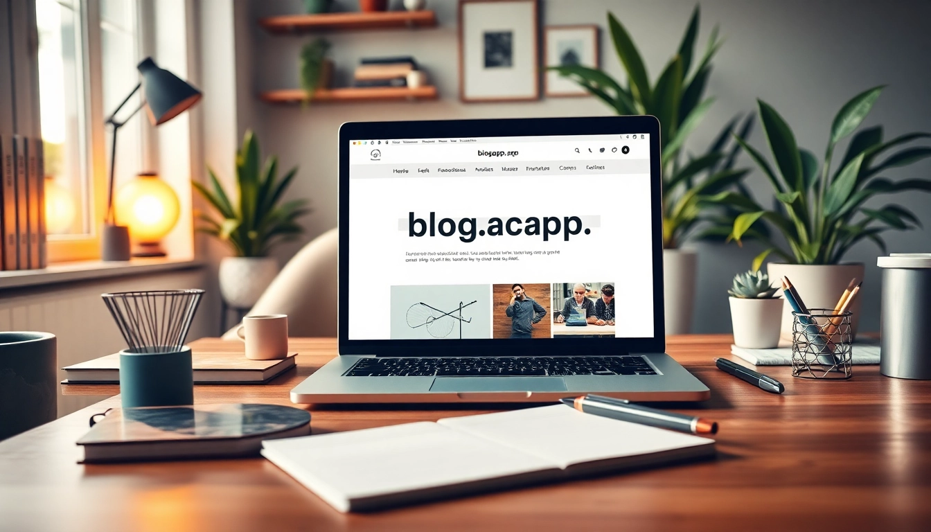 Workspace showcasing blogapp.blog interface with inspiring decor and creative elements.