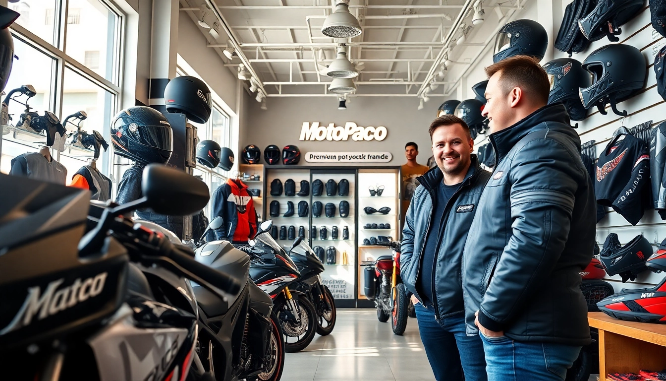 Boutique MotoPaco présentant des accessoires et équipements innovants dans une atmosphère accueillante.