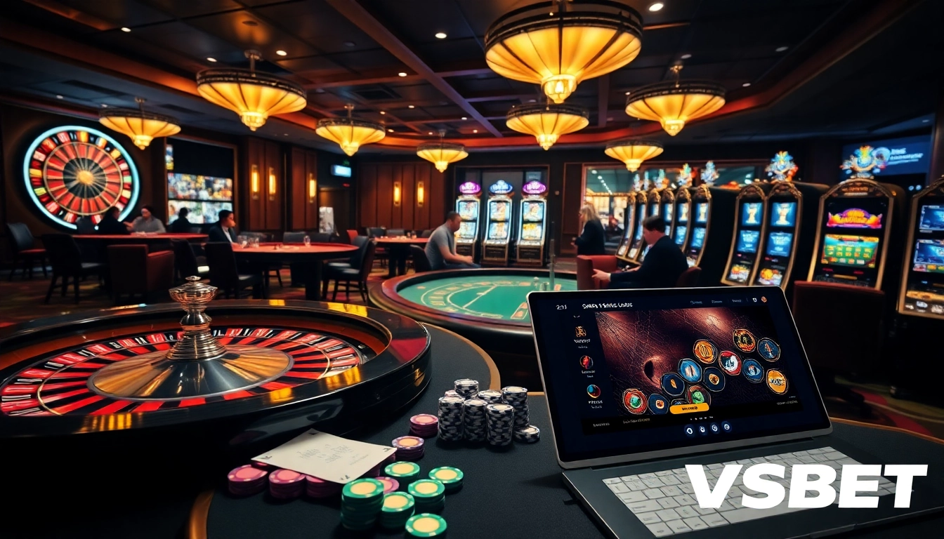 Experience the excitement of VSBET with vibrant casino elements like roulette wheels and poker tables.