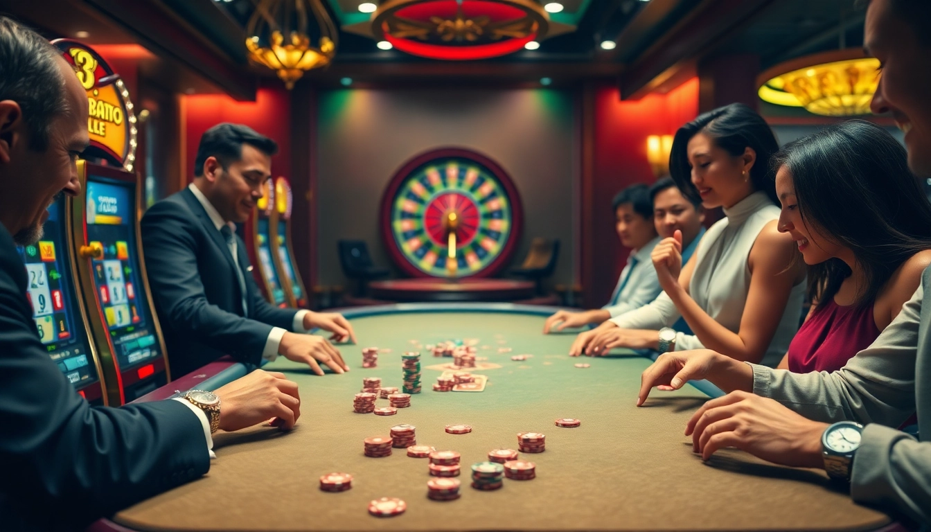 Exciting gameplay at Birutoto casino table featuring players and colorful slot machines.