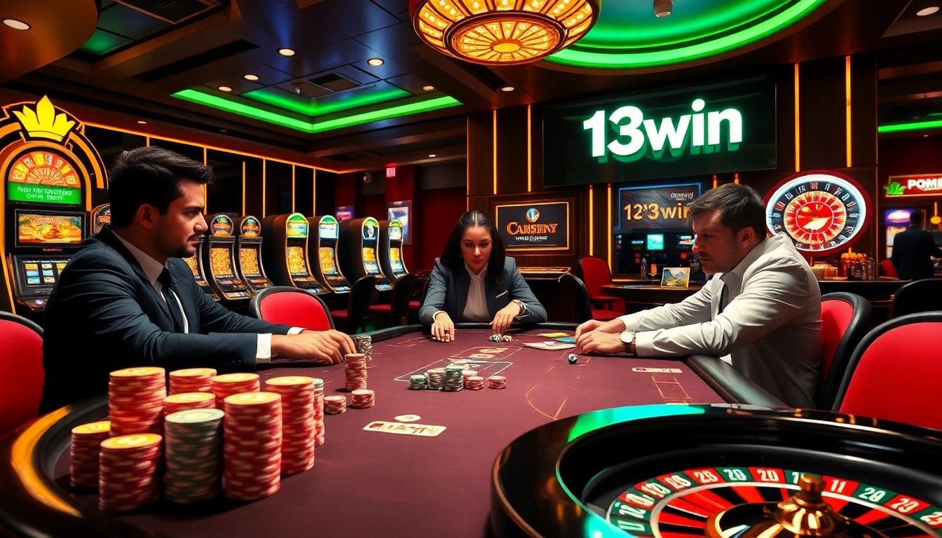 Players strategizing at a poker table in the luxurious 13win casino, surrounded by colorful chips and bright slots.