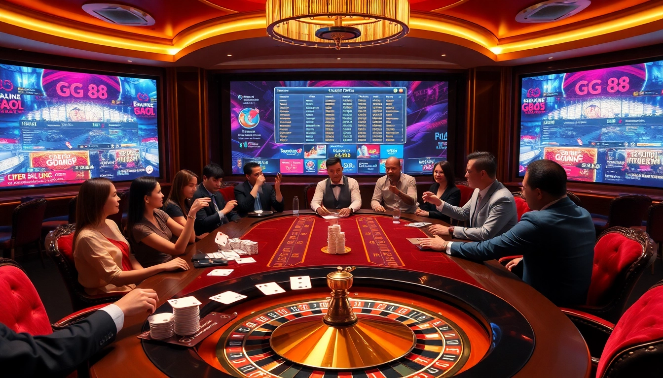 Players enjoying an exciting round at the GG 88 casino table, showcasing poker chips and a dealer.