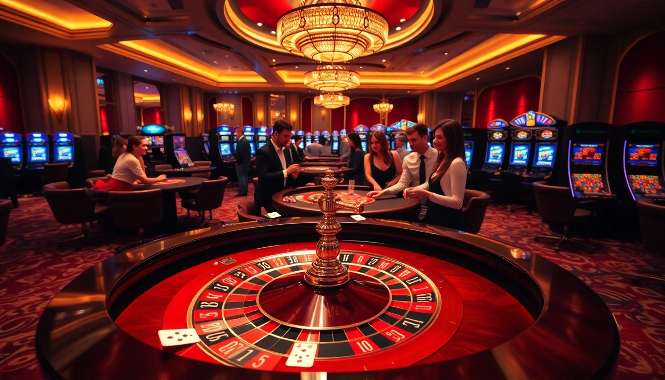 Gamblers placing bets at a luxurious roulette table, inspired by https://rr88csn.com/, featuring a vibrant casino atmosphere.
