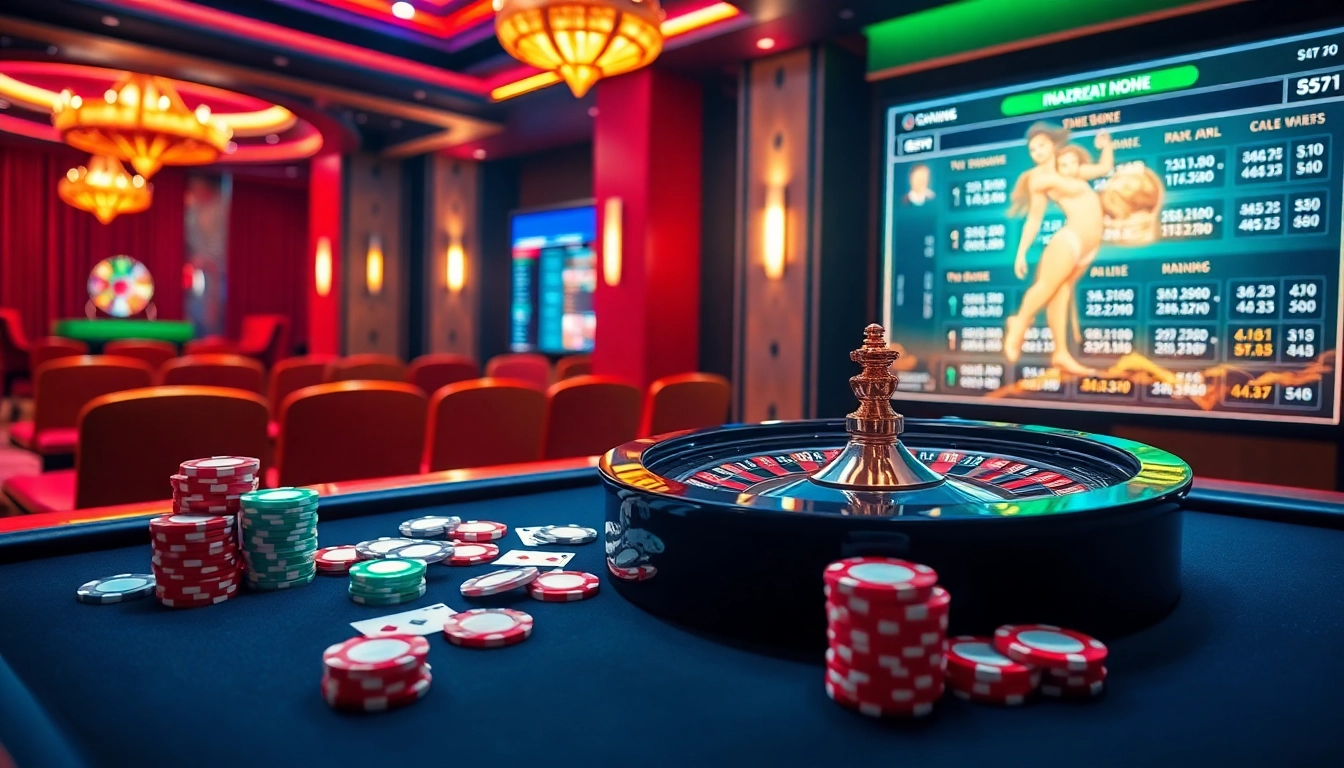 Experience thrilling gameplay at ingatbola88 with vibrant casino scenes showcasing roulette and casino action.