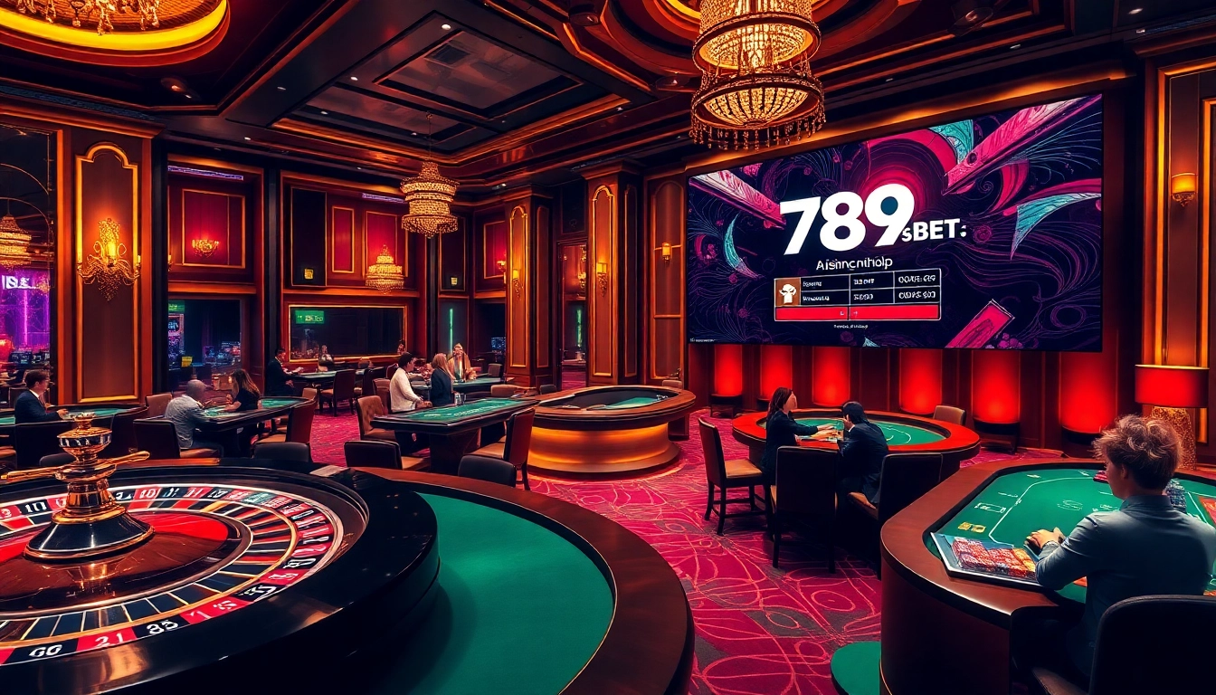 Excitement in a casino setting with players enjoying games and 789BET đăng nhập showcased prominently.