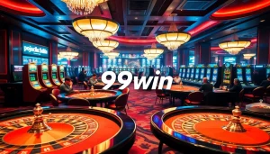Players enjoying a thrilling game of poker at 99win casino with vibrant lighting and elegant decor.