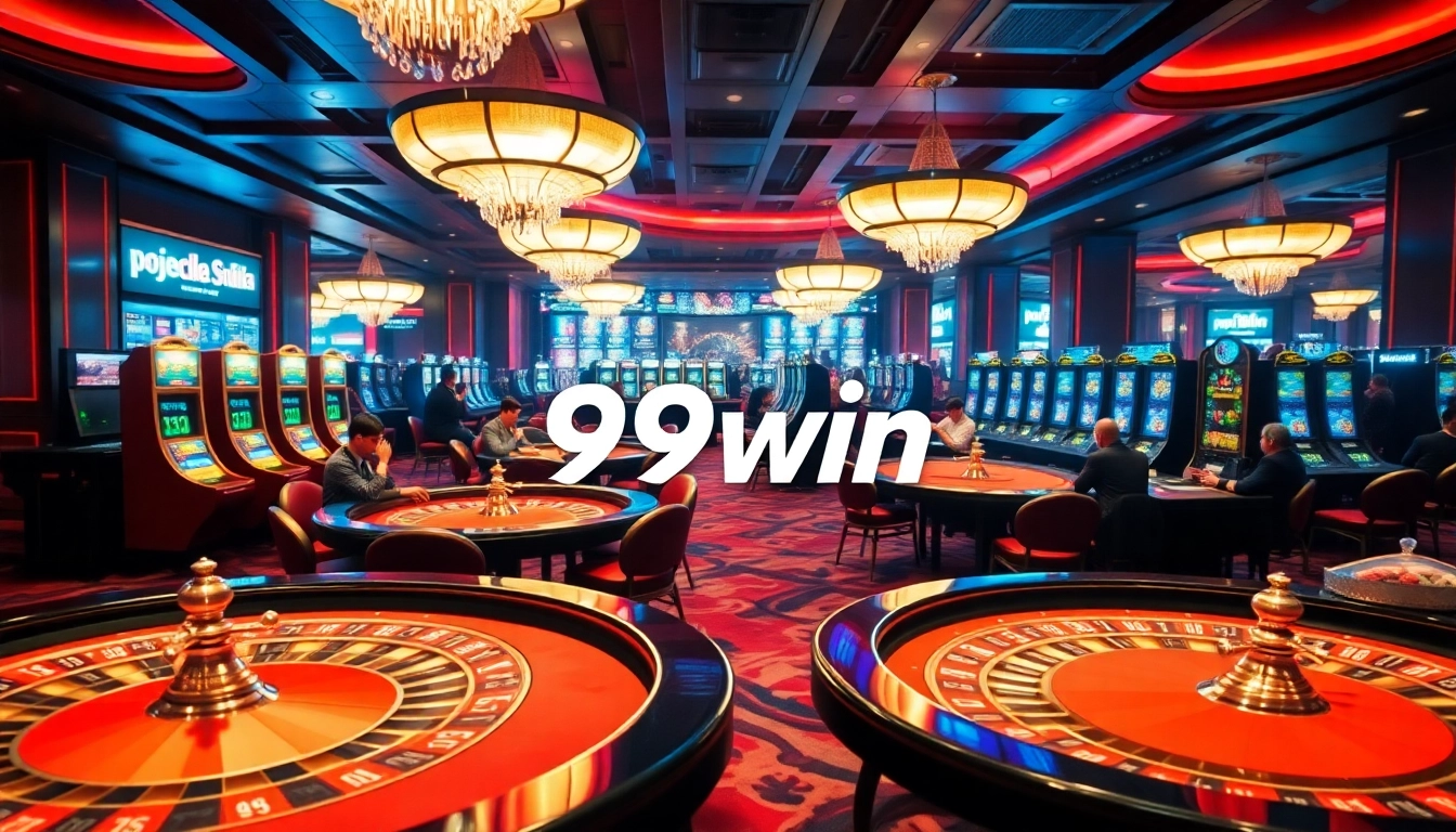 Players enjoying a thrilling game of poker at 99win casino with vibrant lighting and elegant decor.