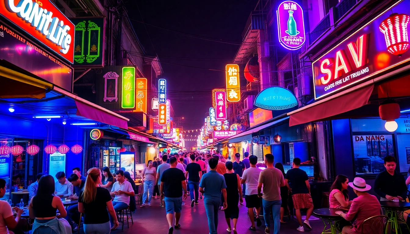 Experience the vibrant 다낭밤문화 through a lively street scene filled with neon lights and joyful crowds.