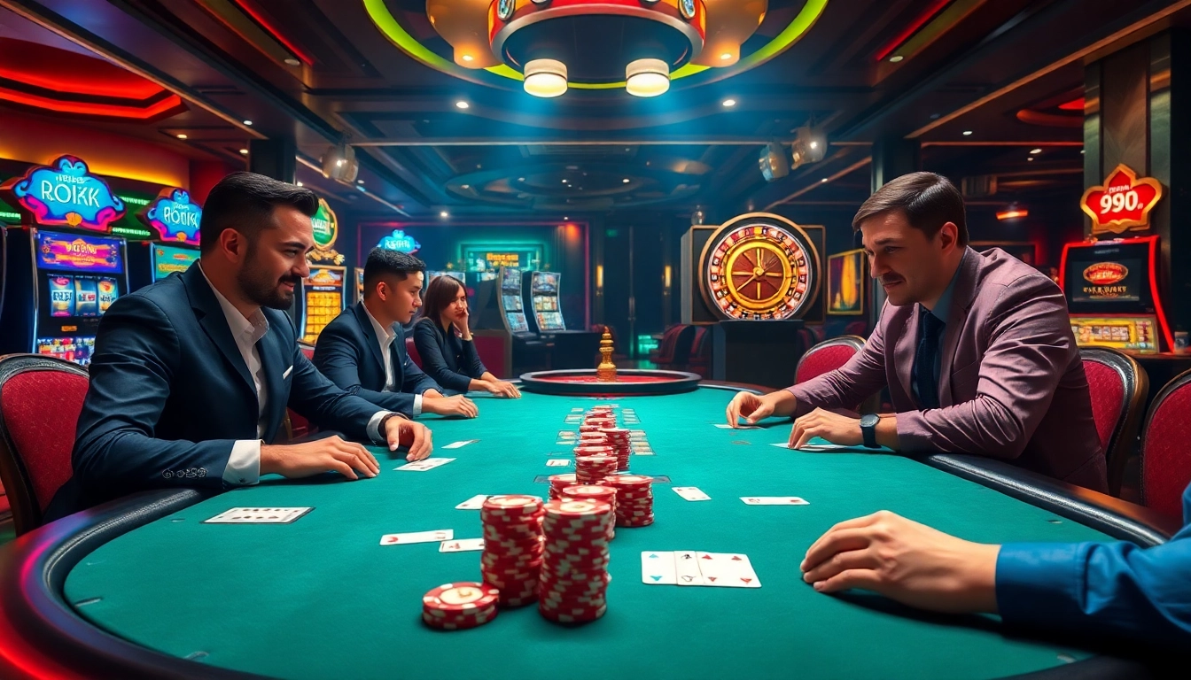 Exciting poker game at 99OK.COM with vibrant casino atmosphere and professional players.