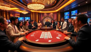 M88 gaming table with players enjoying a luxurious casino experience and vibrant poker chips.