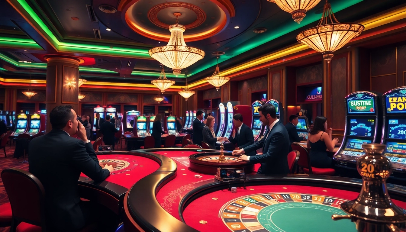 Gaming excitement at https://mm88.forex/ with vibrant tables, roulette, and luxury casino atmosphere.