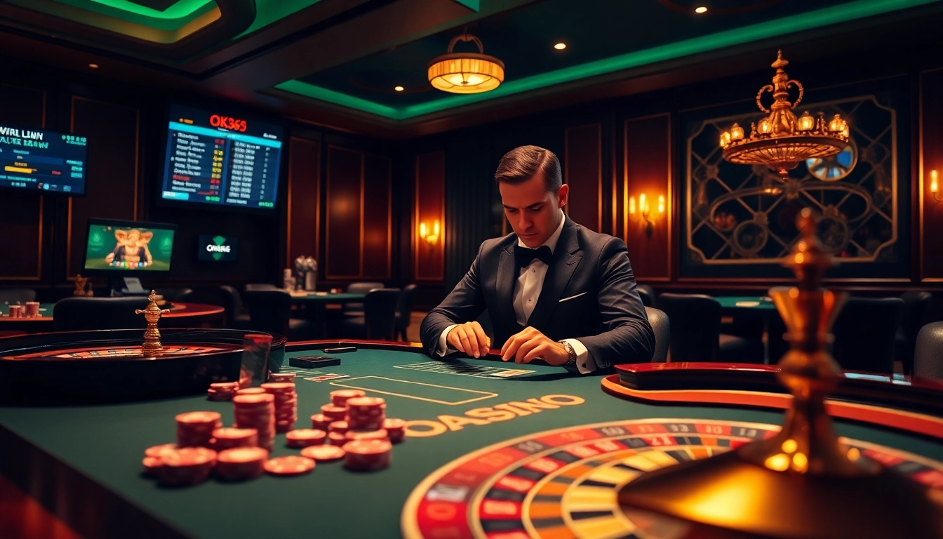 Exciting scene at a casino table illustrating OK365 đăng nhập, highlighting luxury and competitive gaming.
