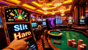 Exciting slot gacor hari ini action with players enjoying vibrant slot machines in a luxury casino.