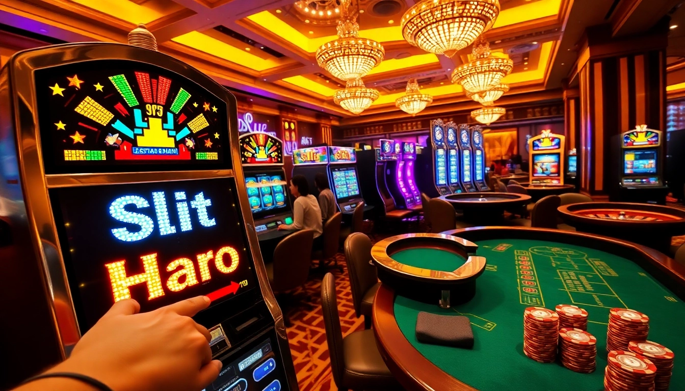 Exciting slot gacor hari ini action with players enjoying vibrant slot machines in a luxury casino.