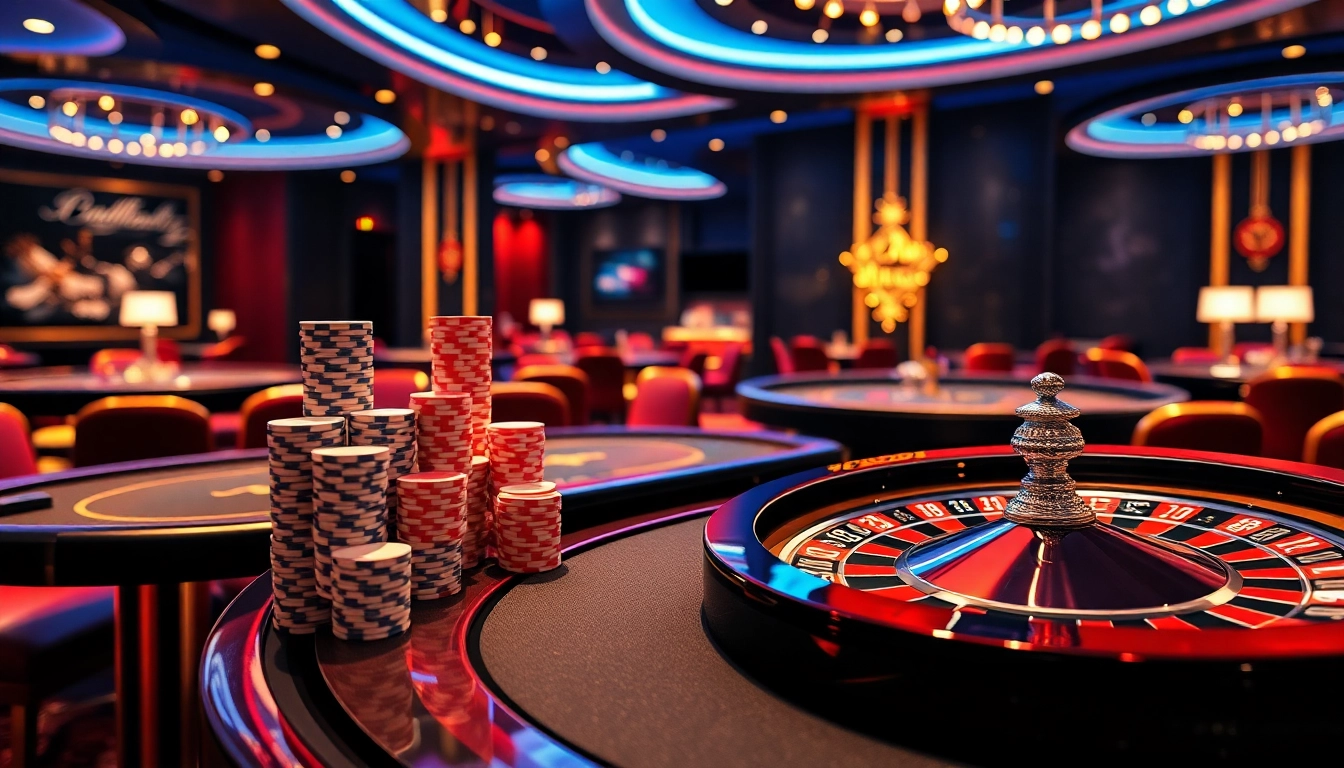 Experience the thrill of gambling with Link vào FABET, featuring vibrant poker chips and roulette wheels.