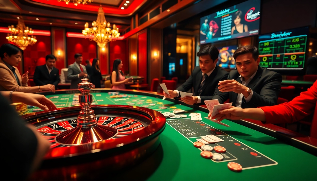 Engage in thrilling gameplay at the bancadoithuong.observer casino with vibrant poker chips and a roulette wheel.